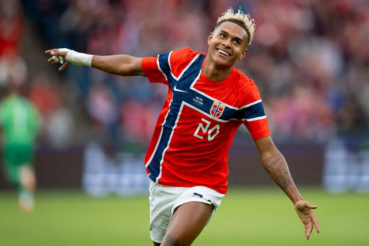 Antonio Nusa of Norway celebrates after scoring against Sweden