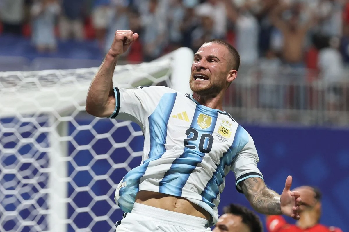 Liverpool midfielder Alexis Mac Allister reacts after Argentina's second goal during the World Cup round of 16 match against Egypt in Atlanta on July 7 2026