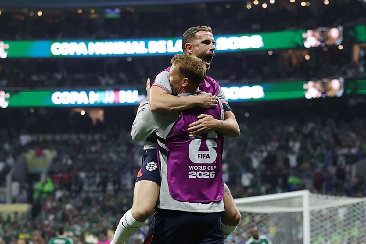 MEXICO CITY, MEXICO - JULY 05: Jordan Henderson #14 of England celebrates the team's third goal during the FIFA World Cup 2026 Round of 16 match between Mexico and England at Mexico City Stadium on July 05, 2026 in Mexico City, Mexico. (Photo by Joosep Martinson - FIFA/FIFA via Getty Images)