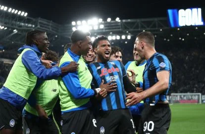 BERGAMO, ITALY - APRIL 22: Ederson of Atalanta BC celebrates with his team-mates his goal that was later disallowed by VAR during the Coppa Italia match between Atalanta BC and SS Lazio at New Balance Arena on April 22, 2026 in Bergamo, Italy. (Photo by Marco Luzzani/Getty Images)