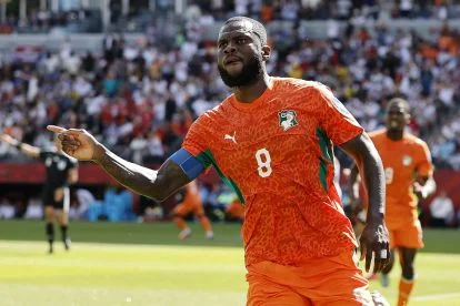 TORONTO, ONTARIO - JUNE 20: Franck Kessie #8 of Cote d'Ivoire celebrates scoring his team's first goal during the FIFA World Cup 2026 Group E match between Germany and Cote D'Ivoire at Toronto Stadium on June 20, 2026 in Toronto, Ontario. (Photo by Michael Reaves/Getty Images)