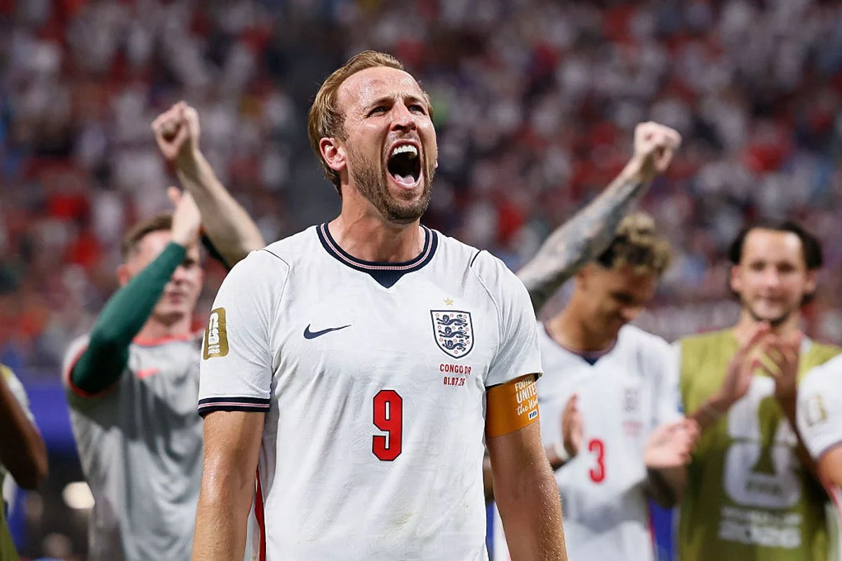 Harry Kane celebrates after England's win again Congo DR at Atlanta Stadium on July 1